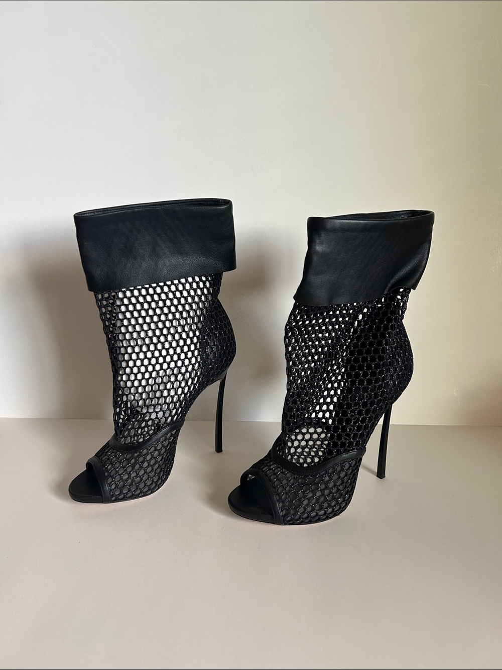 Casadei Black Mesh Peep-Toe Stiletto Booties with Fold-Over Cuff